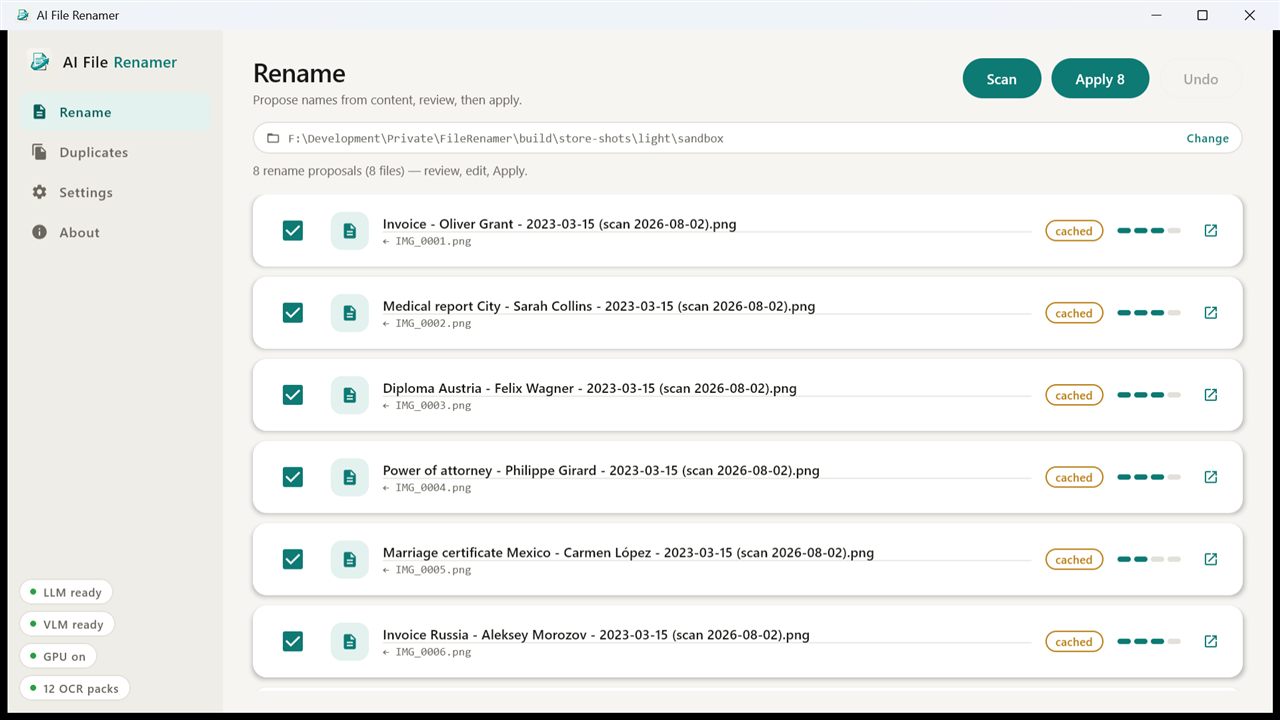 The Rename screen listing eight proposed file names, each showing the original camera-style name beneath it, with confidence meters and per-row checkboxes.