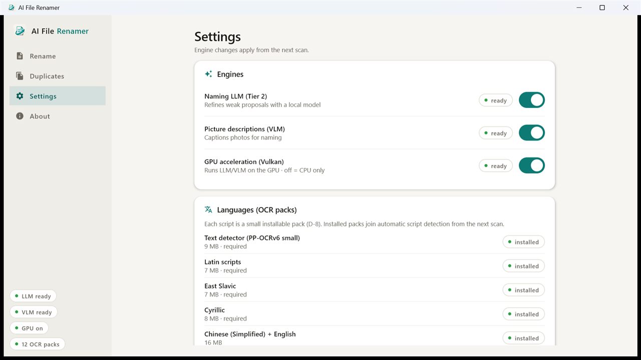 The Settings screen with cards for naming presets, language model packs, engines and GPU acceleration, and the index cache.